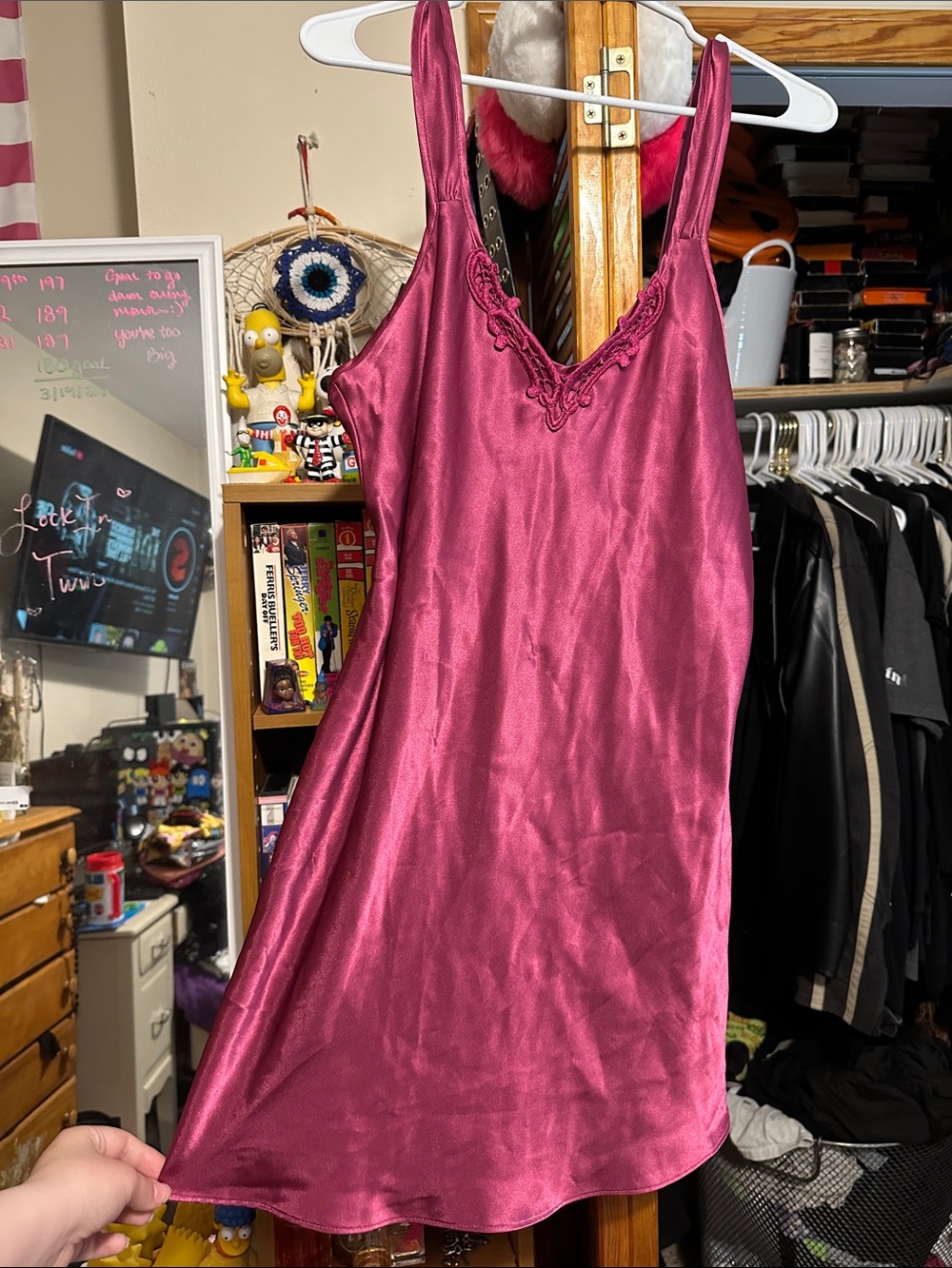 Silky Magenta Slip Dress with Lace Trim